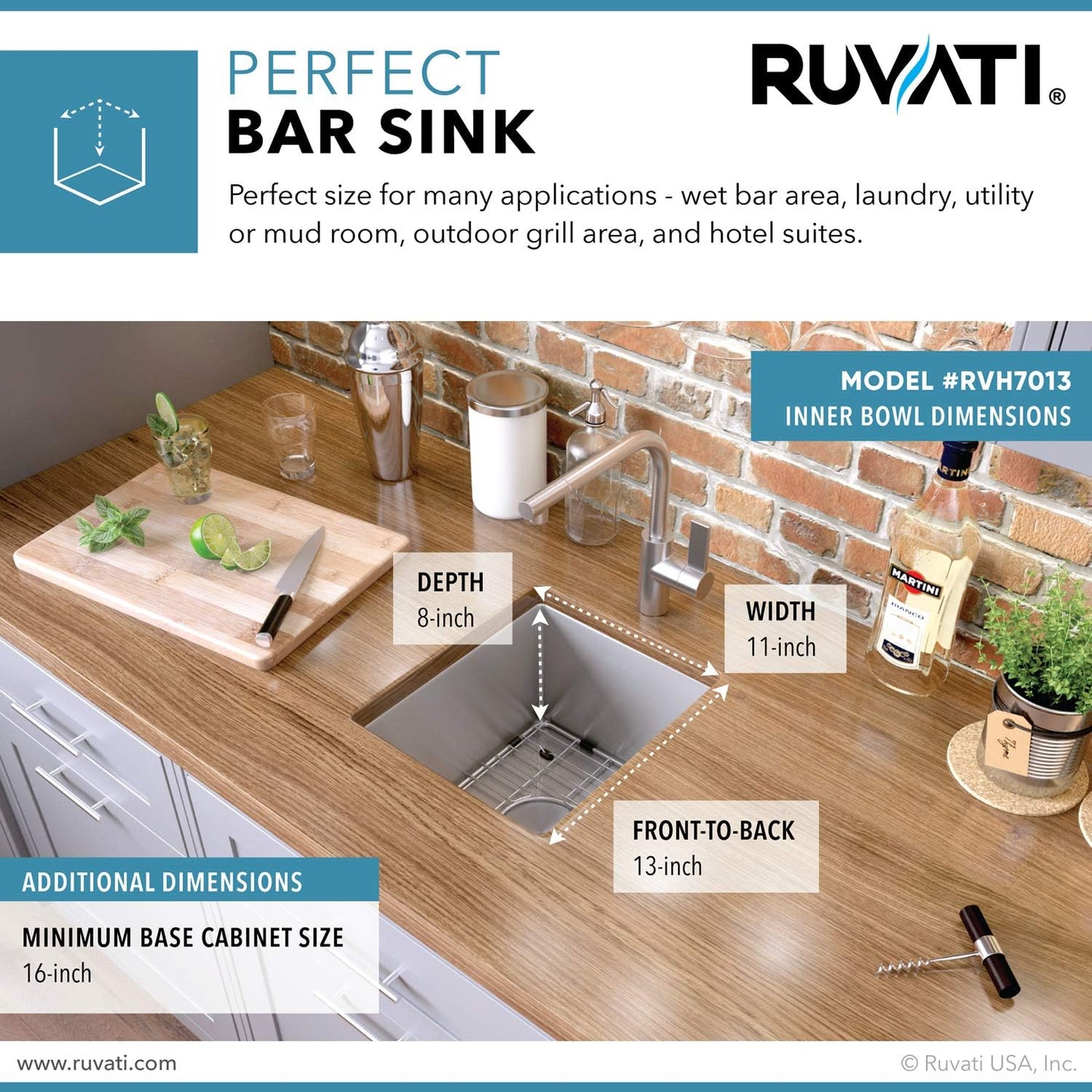 13 X 15 Inch Undermount Bar Prep Tight Raduis 16 Gauge Kitchen Sink Stainless Steel Single Bowl - RVH7013