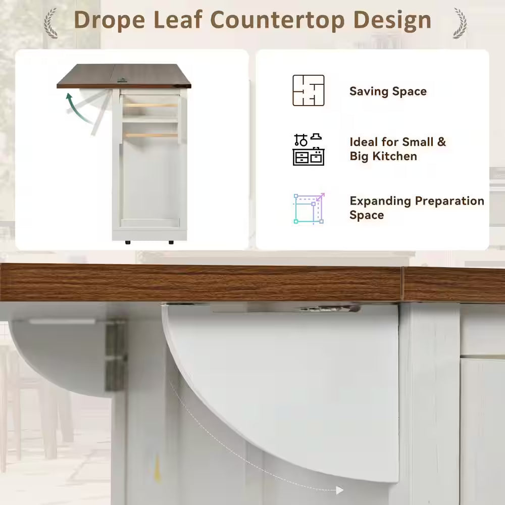 White Wood Kitchen Cart with Drop Leaf, Power Outlet, 2-Sliding Barn Doors, Towel Rack, Spice Rack, 3-Drawers