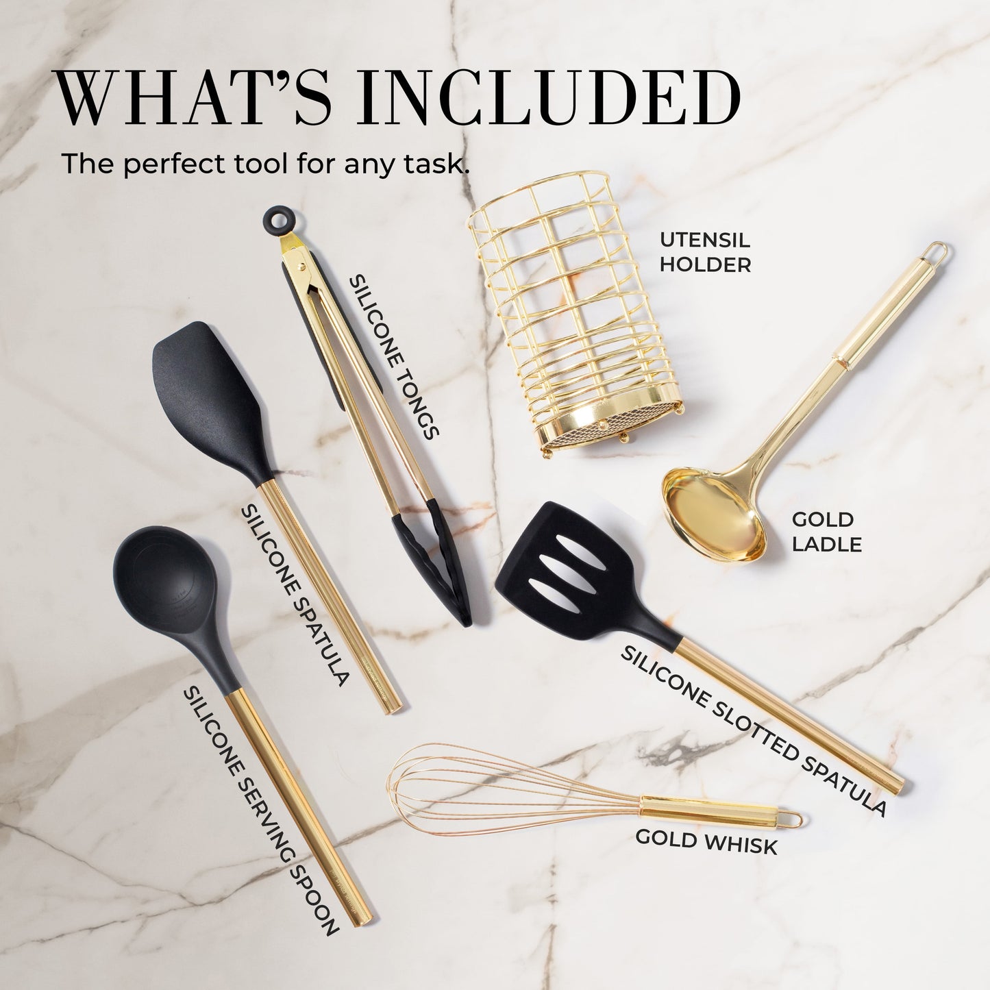 7PC Black and Gold Cooking Utensils Set with Holder - Black and Gold Kitchen Accessories