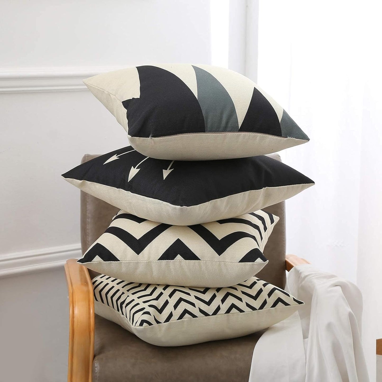 Set of 4 Decorative Geometric 18 X 18 Inches Throw Pillow Covers - Modern Pattern Linen Square Pillow Cushion Case for Sofa Couch Bed Home Outdoor Car (18" X 18", Beige/Black)
