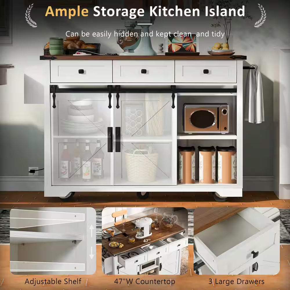 White Wood Kitchen Cart with Drop Leaf, Power Outlet, 2-Sliding Barn Doors, Towel Rack, Spice Rack, 3-Drawers