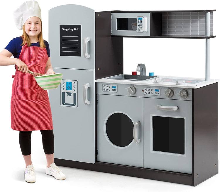 Kids Kitchen Playset, Wooden Little Chef Pretend Toy Kitchen Set W/Sounds, Sink, Stove, Microwave, Storage Cabinet, Shop List, Play Kitchen for Toddlers, Gift for Boys Girls 3+, Gray