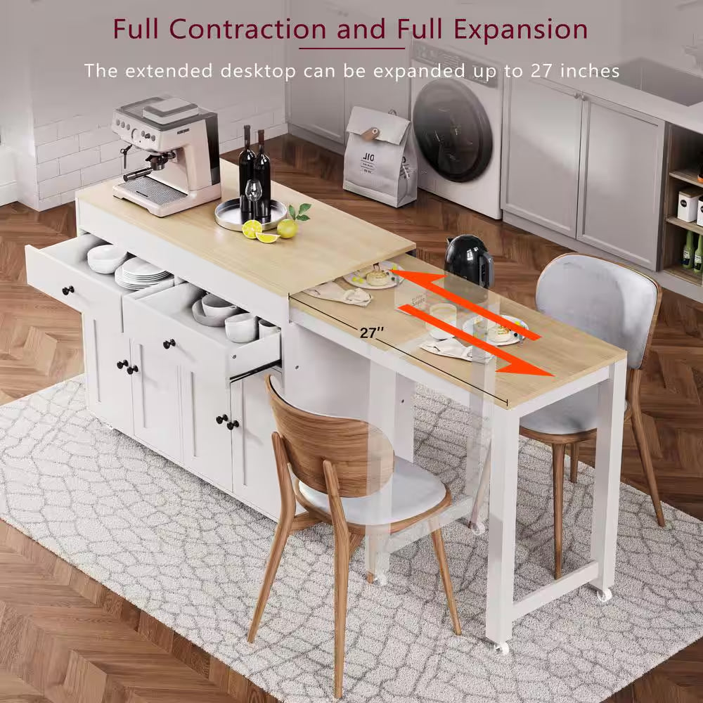 White Wood 74.5 In. Kitchen Island with Extendable Dining Table, Kitchen Cart with 4 Door Cabinet, Spice Rack, 2 Drawers