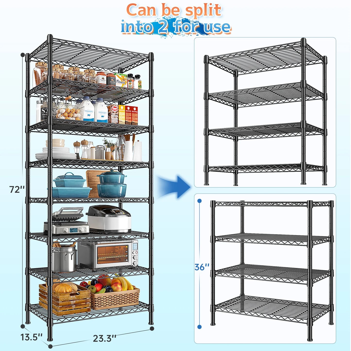 8-Tier Wire Shelving Unit Adjustable Metal Storage Shelves for Bathroom,Pantry,Kitchen,Laundry Room,72"H X 23.3"W X 13.5"D,Black