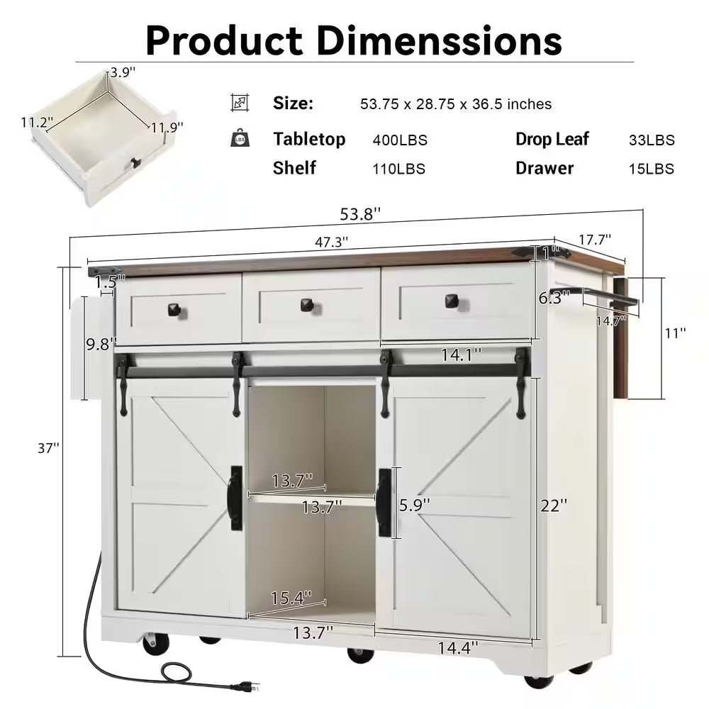White Wood Kitchen Cart with Drop Leaf, Power Outlet, 2-Sliding Barn Doors, Towel Rack, Spice Rack, 3-Drawers