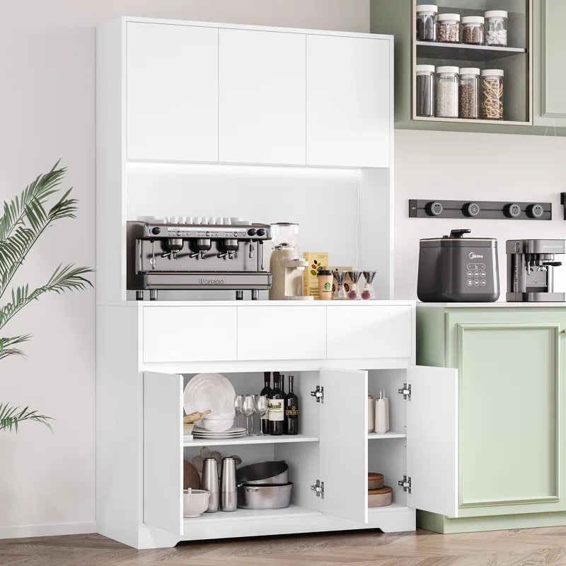 Aybike 71" Tall Kitchen Pantry Cabinet with Charge Station & LED Light, Freestanding Food Pantry with 4 Cabinets, 3 Drawers & Microwave Shelf, Kitchen Hutch Storage, Adjustable Shelves