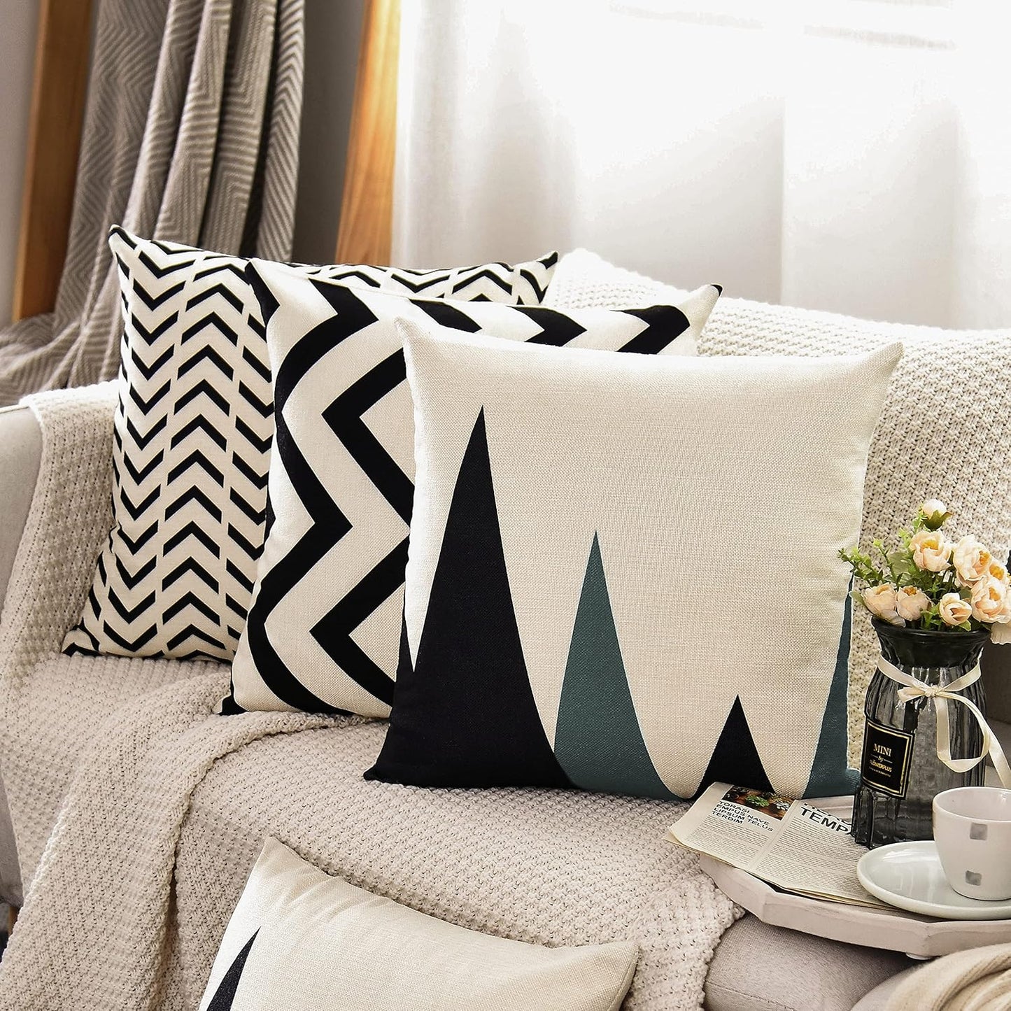 Set of 4 Decorative Geometric 18 X 18 Inches Throw Pillow Covers - Modern Pattern Linen Square Pillow Cushion Case for Sofa Couch Bed Home Outdoor Car (18" X 18", Beige/Black)