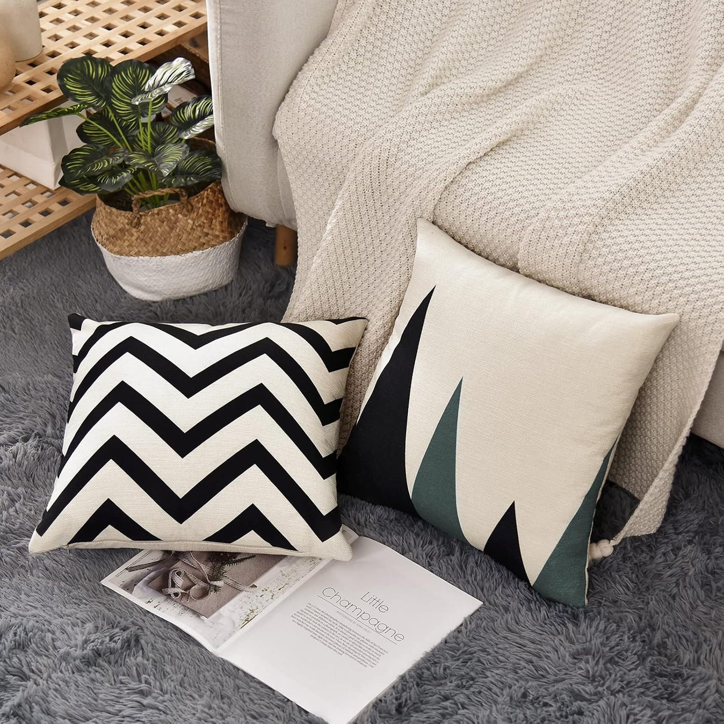 Set of 4 Decorative Geometric 18 X 18 Inches Throw Pillow Covers - Modern Pattern Linen Square Pillow Cushion Case for Sofa Couch Bed Home Outdoor Car (18" X 18", Beige/Black)