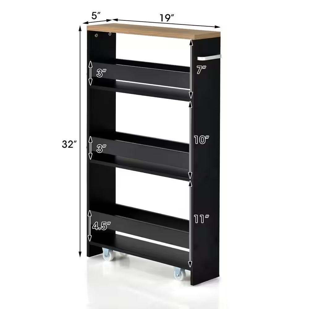 Black Particle Board 19 In. Rolling Kitchen Sideboard Slim Storage Cart Mobile Shelving Organizer with Handle