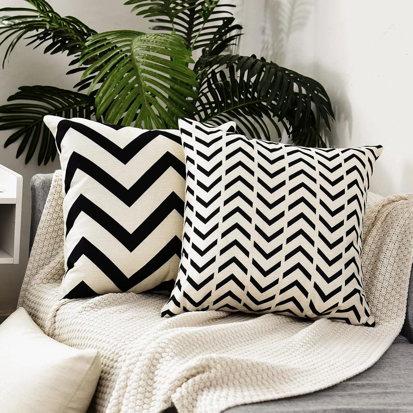 Set of 4 Decorative Geometric 18 X 18 Inches Throw Pillow Covers - Modern Pattern Linen Square Pillow Cushion Case for Sofa Couch Bed Home Outdoor Car (18" X 18", Beige/Black)