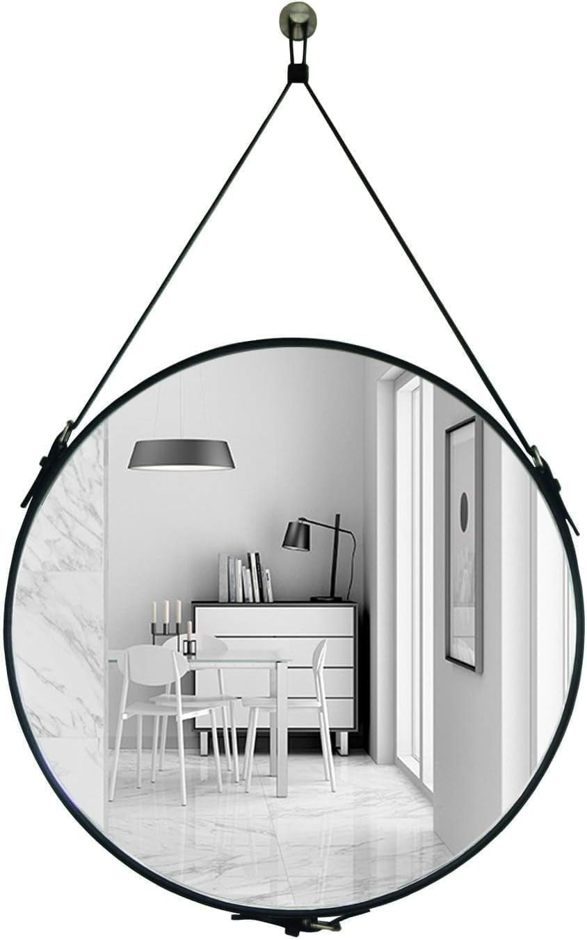 round Wall Mirror Decorative Mirror, Hanging Mirror with Hanging Strap Silver Hardware Hooker/Hanger (Black, 20'')