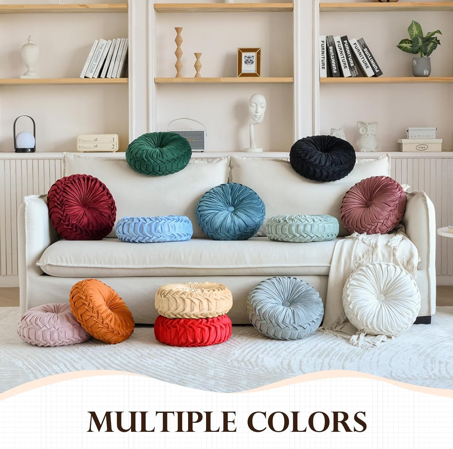 Round Throw Pillow Velvet Home Decoration Pleated round Pillow Cushion for Couch Chair Bed Car Orange