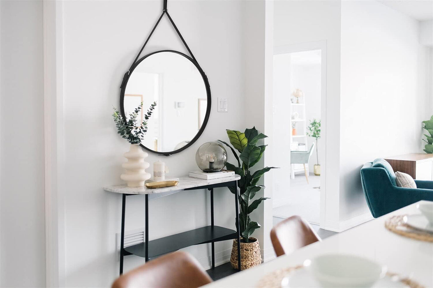 round Wall Mirror Decorative Mirror, Hanging Mirror with Hanging Strap Silver Hardware Hooker/Hanger (Black, 20'')