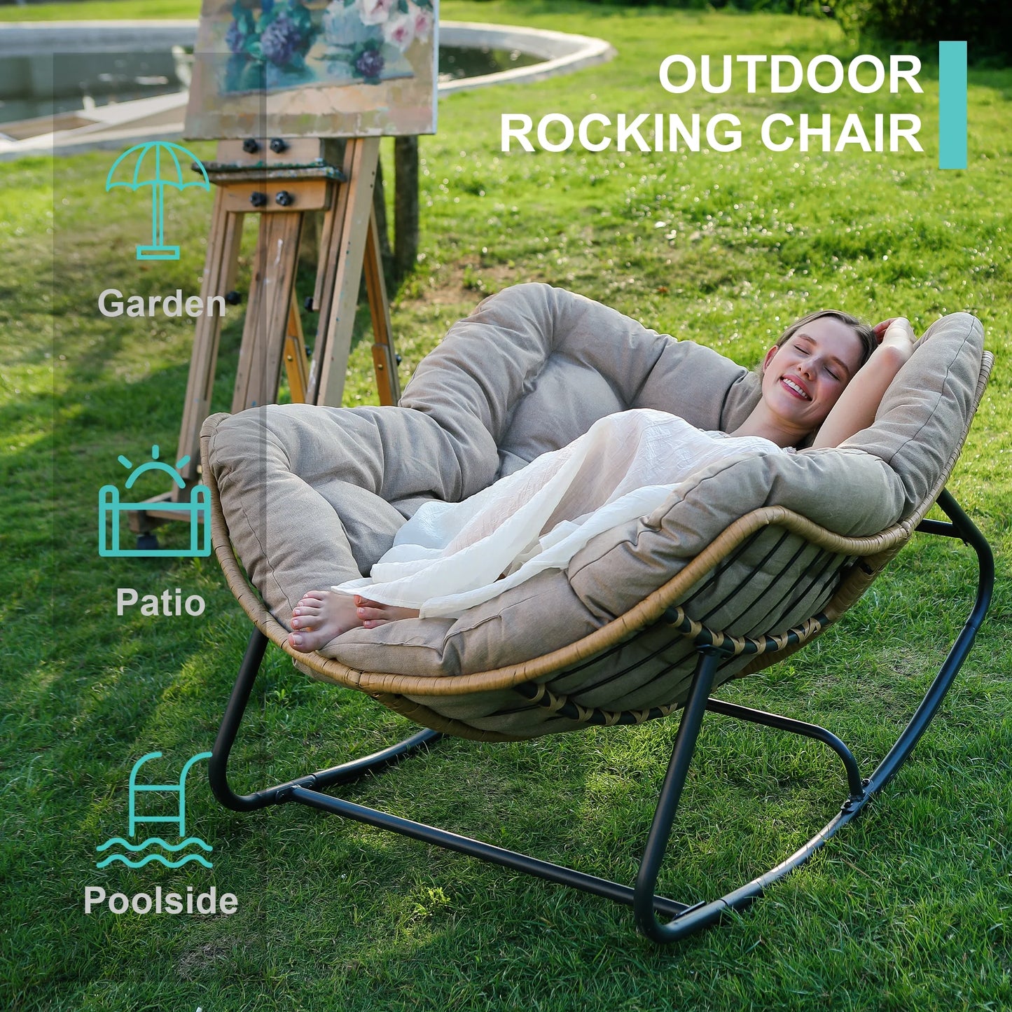 Outdoor Rocking Chair, Indoor Lounge Rocking Chair with Cushion Chair, Beige