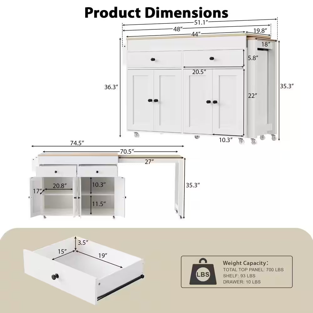 White Wood 74.5 In. Kitchen Island with Extendable Dining Table, Kitchen Cart with 4 Door Cabinet, Spice Rack, 2 Drawers