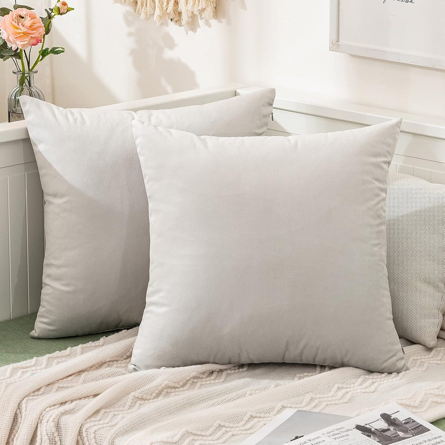Pack of 2, Velvet Soft Solid Decorative Square Throw Pillow Covers Set Cushion Cases Pillowcases for Spring Sofa Bedroom 18X18 Inch Greyish White