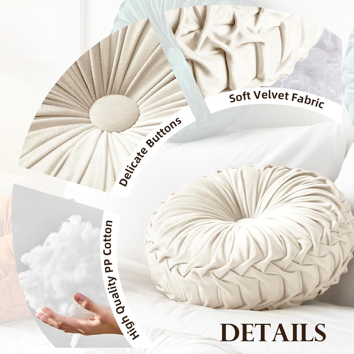 Round Throw Pillow Velvet Home Decoration Pleated round Pillow Cushion for Couch Chair Bed Car Orange