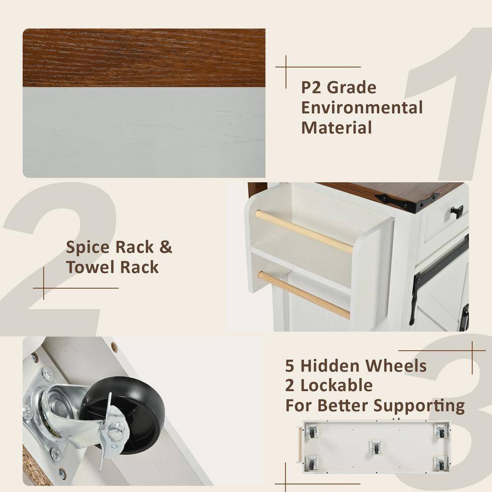 White Wood Kitchen Cart with Drop Leaf, Power Outlet, 2-Sliding Barn Doors, Towel Rack, Spice Rack, 3-Drawers