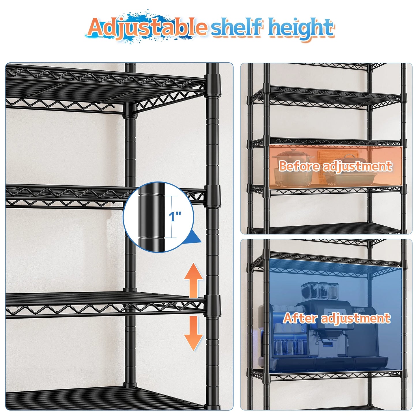 8-Tier Wire Shelving Unit Adjustable Metal Storage Shelves for Bathroom,Pantry,Kitchen,Laundry Room,72"H X 23.3"W X 13.5"D,Black