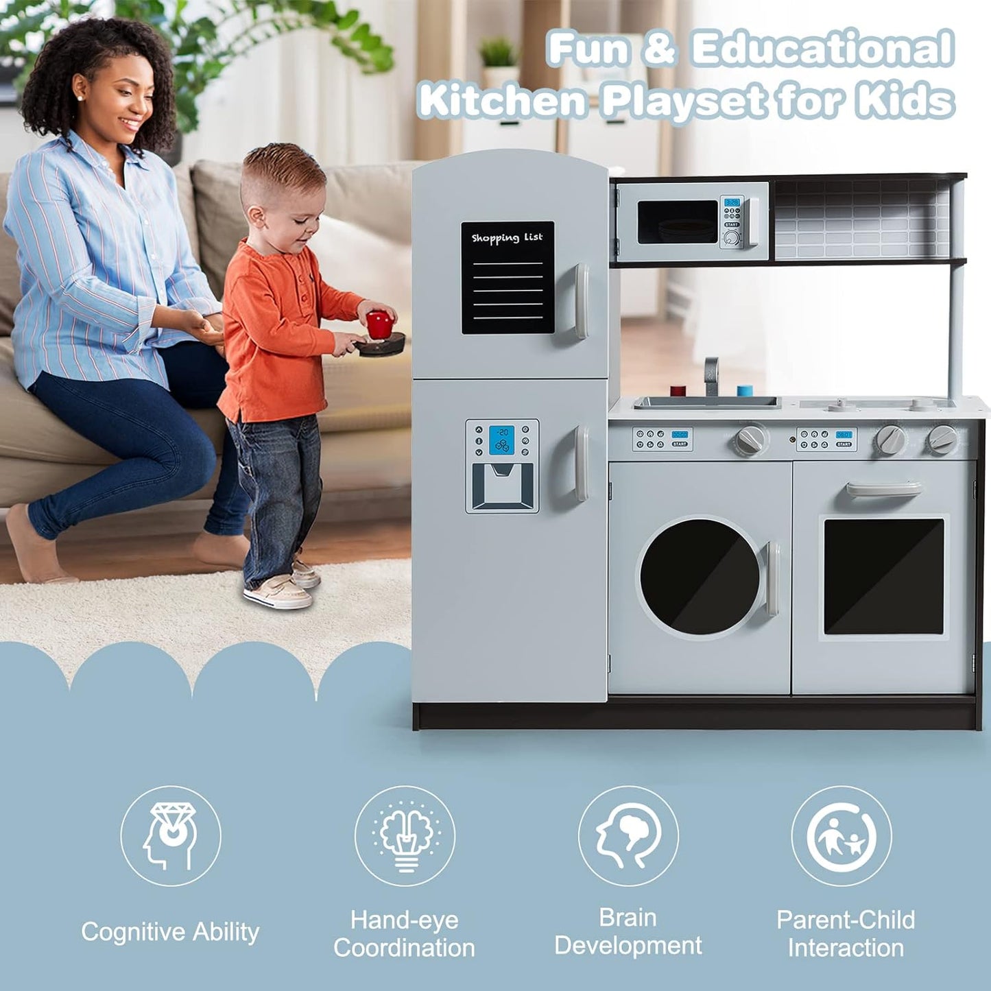Kids Kitchen Playset, Wooden Little Chef Pretend Toy Kitchen Set W/Sounds, Sink, Stove, Microwave, Storage Cabinet, Shop List, Play Kitchen for Toddlers, Gift for Boys Girls 3+, Gray