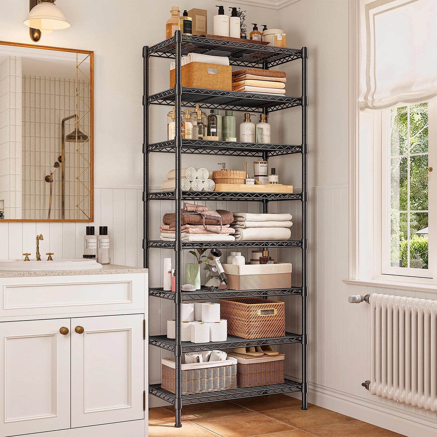 8-Tier Wire Shelving Unit Adjustable Metal Storage Shelves for Bathroom,Pantry,Kitchen,Laundry Room,72"H X 23.3"W X 13.5"D,Black
