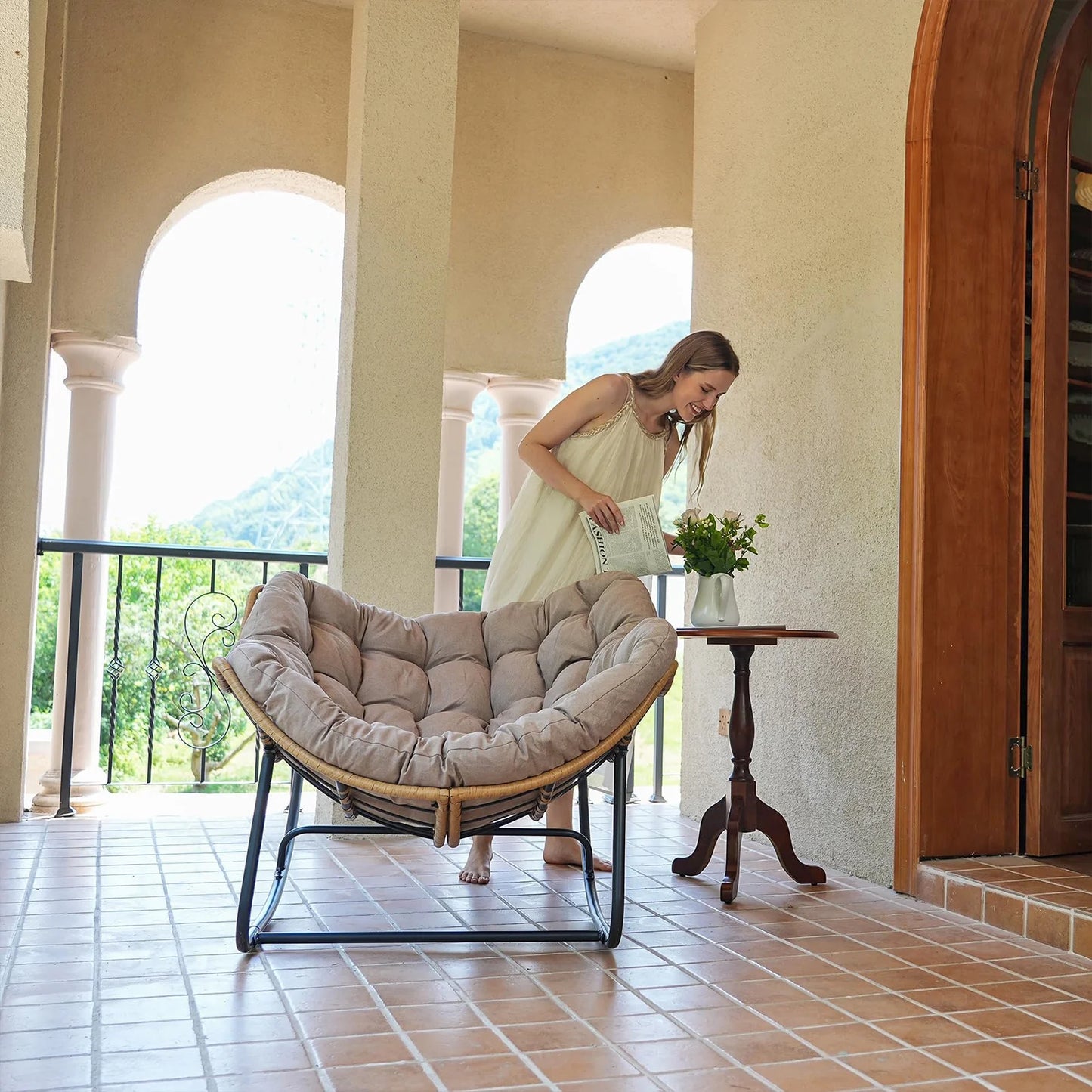 Outdoor Rocking Chair, Indoor Lounge Rocking Chair with Cushion Chair, Beige
