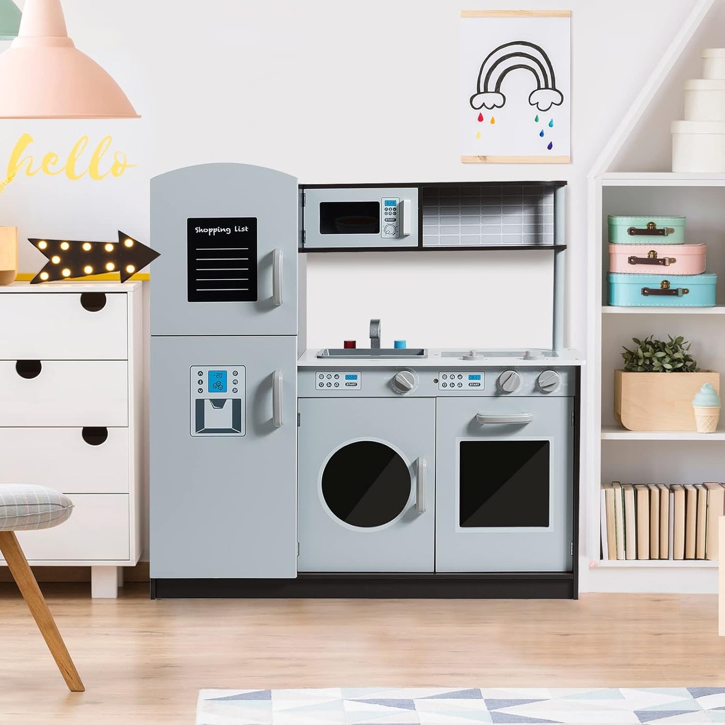 Kids Kitchen Playset, Wooden Little Chef Pretend Toy Kitchen Set W/Sounds, Sink, Stove, Microwave, Storage Cabinet, Shop List, Play Kitchen for Toddlers, Gift for Boys Girls 3+, Gray