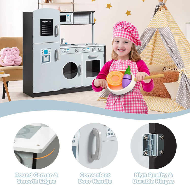 Kids Kitchen Playset, Wooden Little Chef Pretend Toy Kitchen Set W/Sounds, Sink, Stove, Microwave, Storage Cabinet, Shop List, Play Kitchen for Toddlers, Gift for Boys Girls 3+, Gray