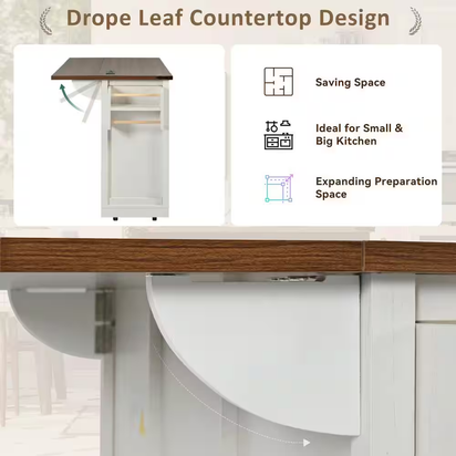 White Wood Kitchen Cart with Drop Leaf, Power Outlet, 2-Sliding Barn Doors, Towel Rack, Spice Rack, 3-Drawers
