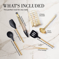 7PC Black and Gold Cooking Utensils Set with Holder - Black and Gold Kitchen Accessories