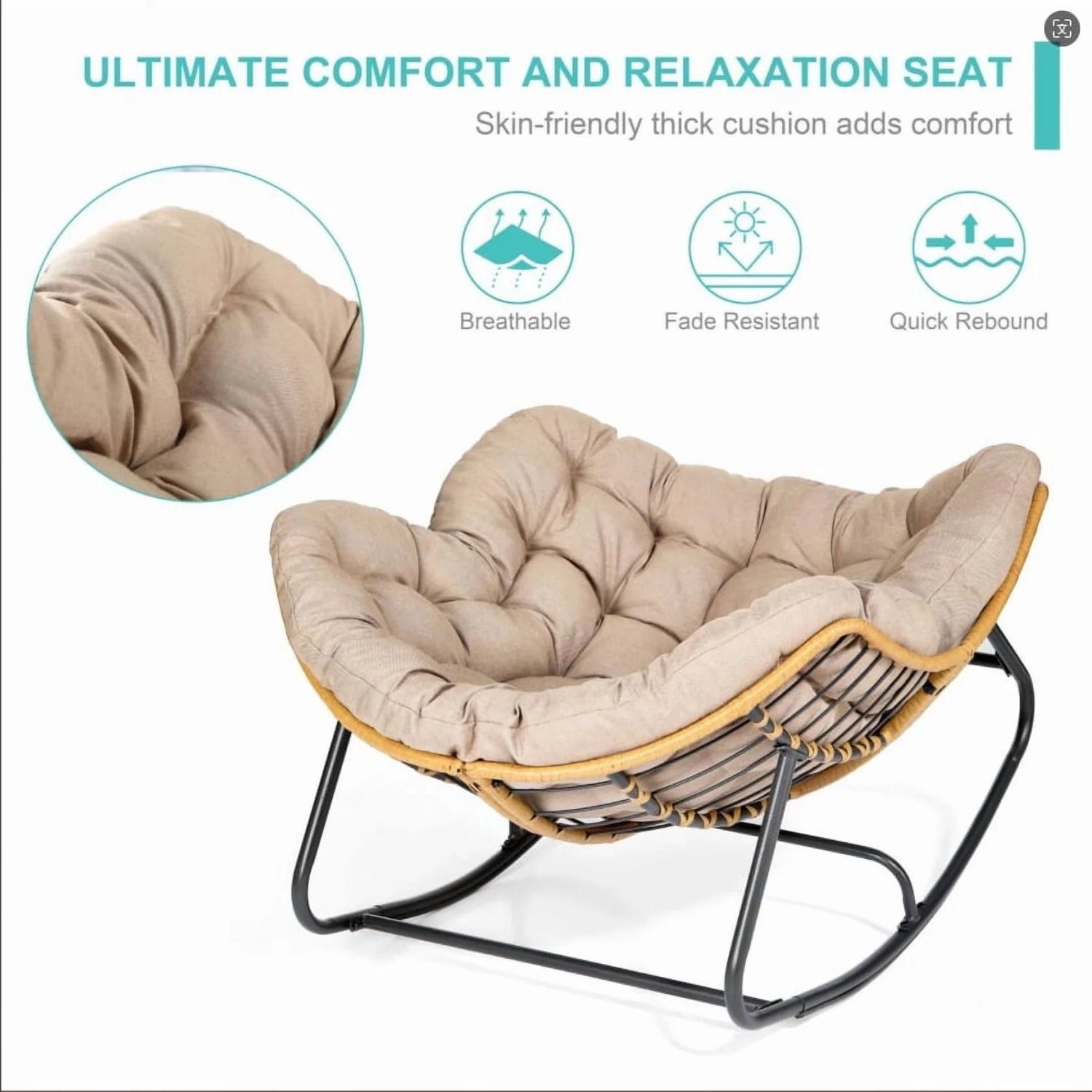 Outdoor Rocking Chair, Indoor Lounge Rocking Chair with Cushion Chair, Beige