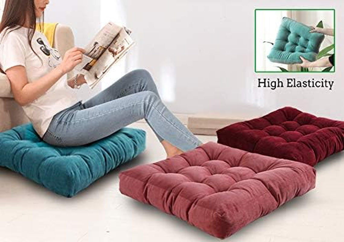 Square Floor Seat Pillows Cushions 22" X 22", Soft Thicken Yoga Meditation Cushion Pouf Tufted Corduroy Tatami Floor Pillow Reading Cushion Chair Pad Casual Seating for Adults & Kids, Rose Red