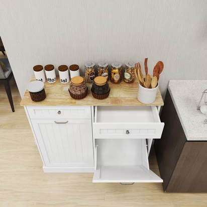 2-Drawers and 2-Compartment Tilt-Out Trash Cabinet Kitchen Trash Cabinet in White