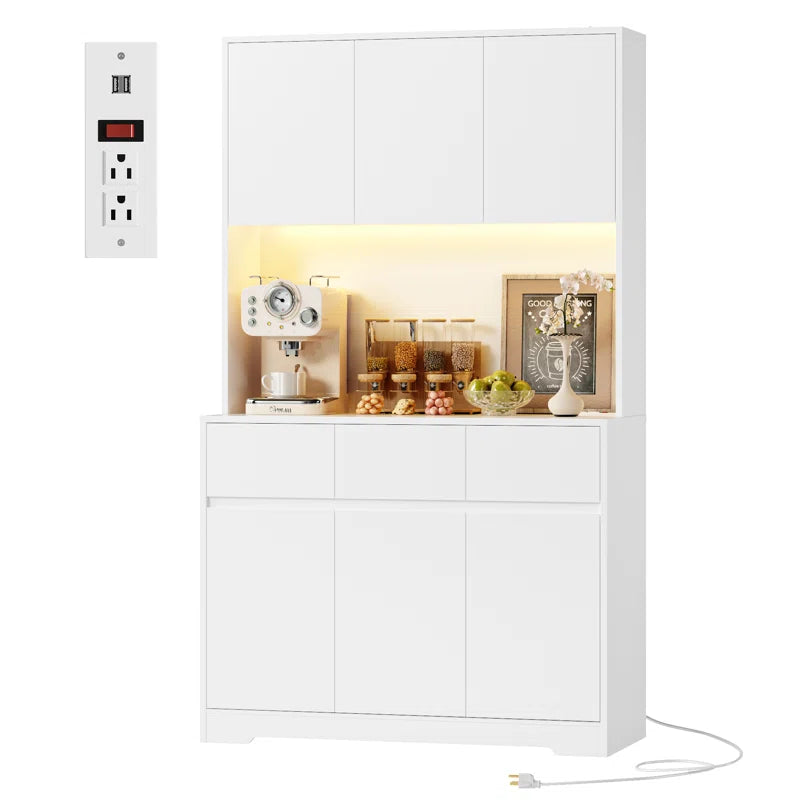 Aybike 71" Tall Kitchen Pantry Cabinet with Charge Station & LED Light, Freestanding Food Pantry with 4 Cabinets, 3 Drawers & Microwave Shelf, Kitchen Hutch Storage, Adjustable Shelves
