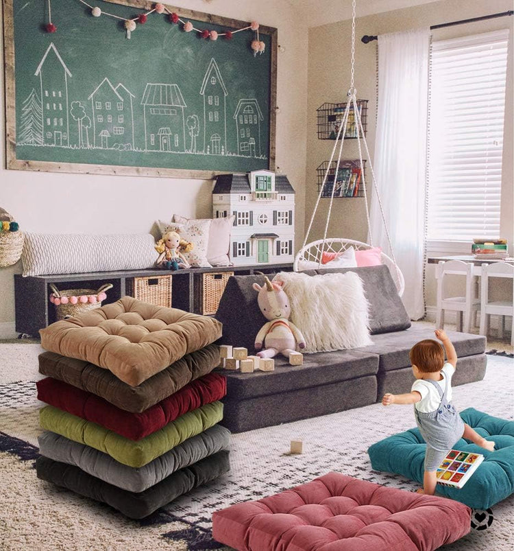 Square Floor Seat Pillows Cushions 22" X 22", Soft Thicken Yoga Meditation Cushion Pouf Tufted Corduroy Tatami Floor Pillow Reading Cushion Chair Pad Casual Seating for Adults & Kids, Rose Red