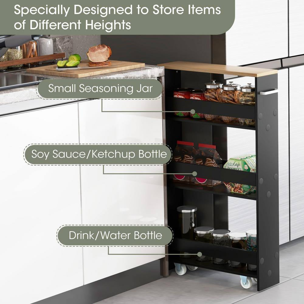 Black Particle Board 19 In. Rolling Kitchen Sideboard Slim Storage Cart Mobile Shelving Organizer with Handle