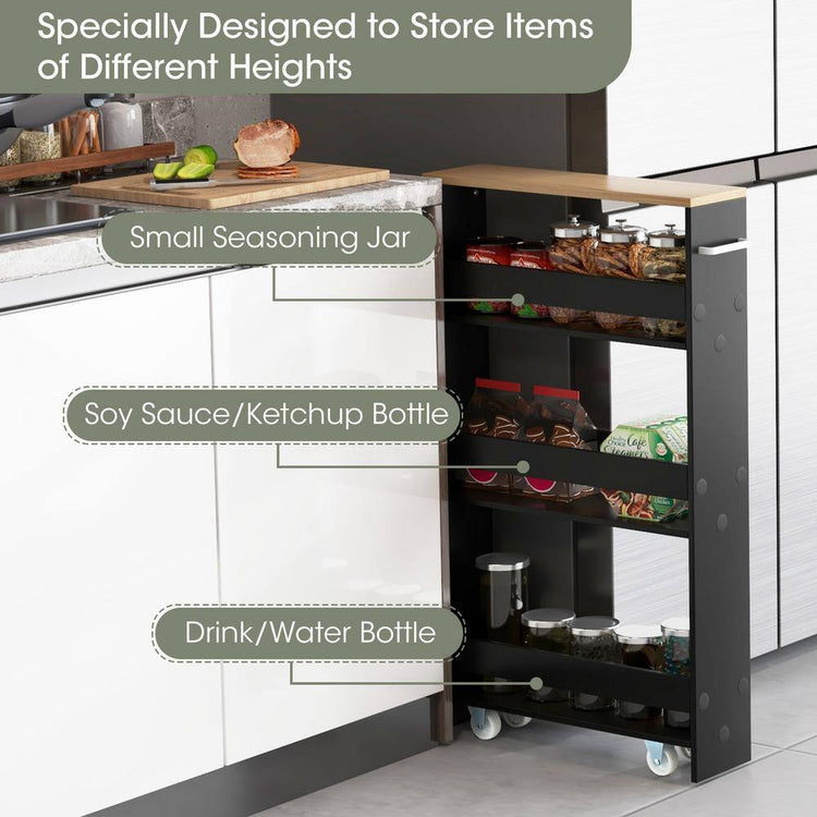 Black Particle Board 19 In. Rolling Kitchen Sideboard Slim Storage Cart Mobile Shelving Organizer with Handle