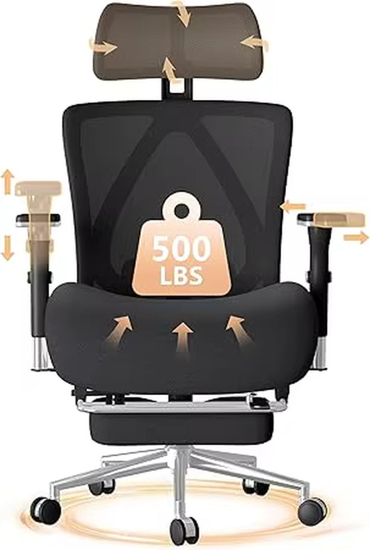 Big and Tall Office Chair 500Lbs with Footrest, Ergonomic Mesh Office Chair with Thicken Wide Cushion, 4D Armrest, Adjustable Lu