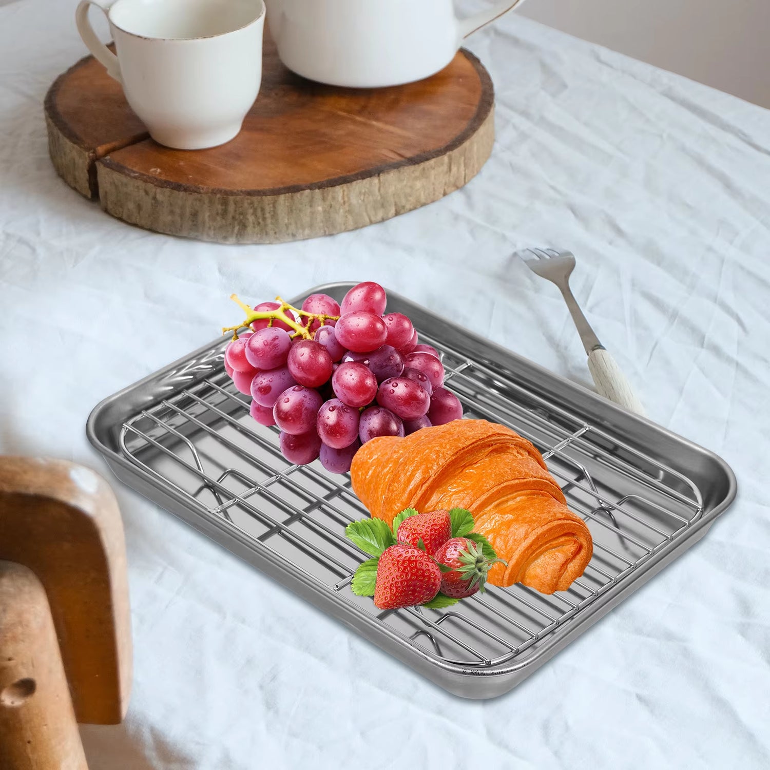 2 Pcs Stainless Steel Drainer Trays 23X17CM 31X24CM Rapid Drainage Vegetable Fruit Storage Pans Barbecue Baking