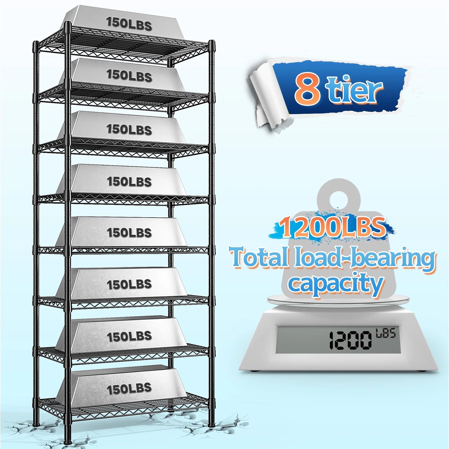 8-Tier Wire Shelving Unit Adjustable Metal Storage Shelves for Bathroom，Pantry，Kitchen，Laundry Room,72"H X 23.3"W X 13.5"D,Black