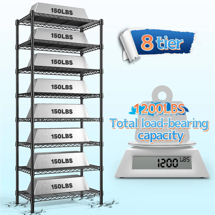 8-Tier Wire Shelving Unit Adjustable Metal Storage Shelves for Bathroom，Pantry，Kitchen，Laundry Room,72"H X 23.3"W X 13.5"D,Black
