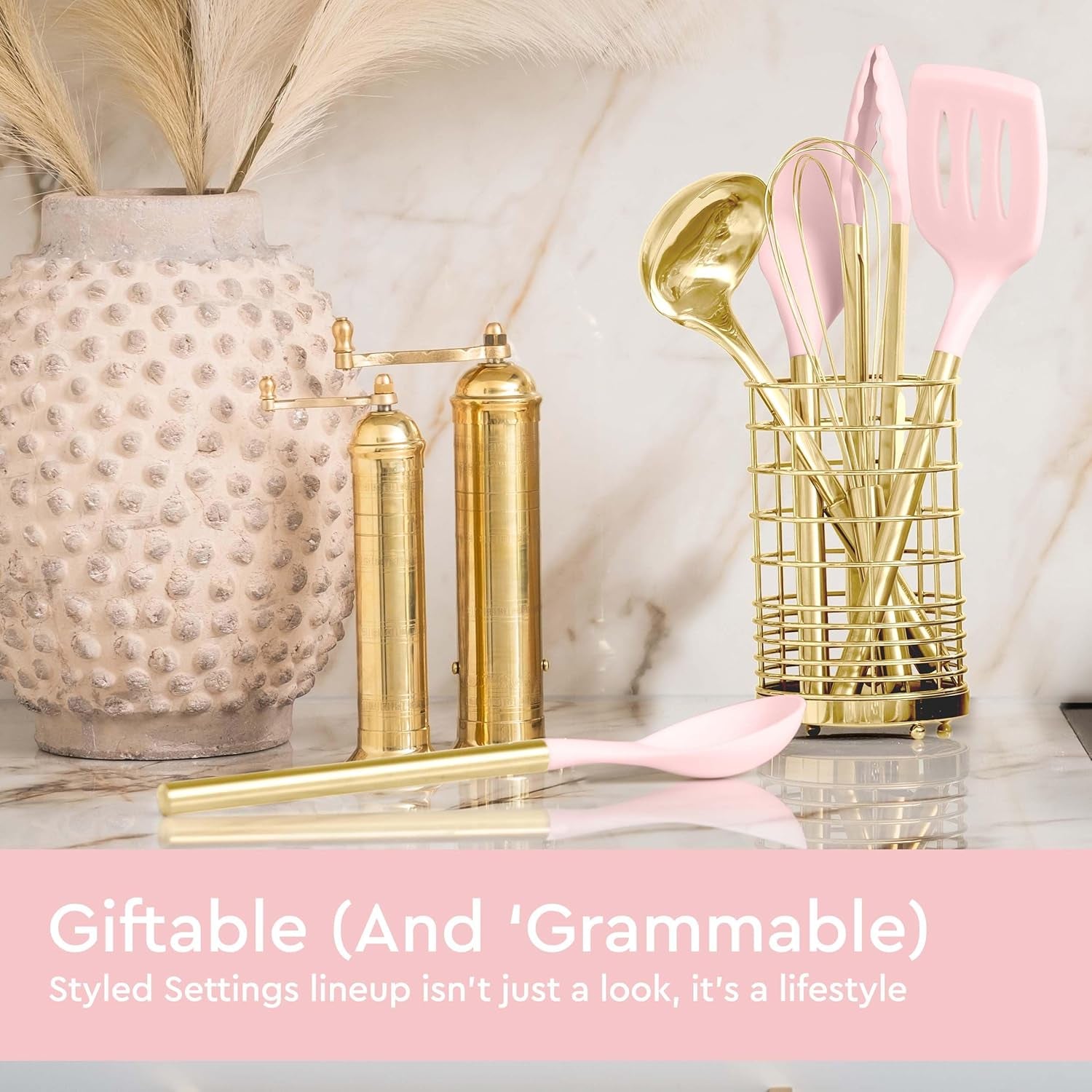 Pink and Gold Kitchen Utensils Set - 17-Piece Kitchen Tools Include Silicone Cooking Utensils, Spatula Holder, Measuring Cups and Spoons for Baking, Cooking - Stylish Pink Kitchen Accessories
