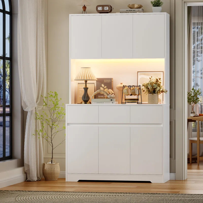 Aybike 71" Tall Kitchen Pantry Cabinet with Charge Station & LED Light, Freestanding Food Pantry with 4 Cabinets, 3 Drawers & Microwave Shelf, Kitchen Hutch Storage, Adjustable Shelves