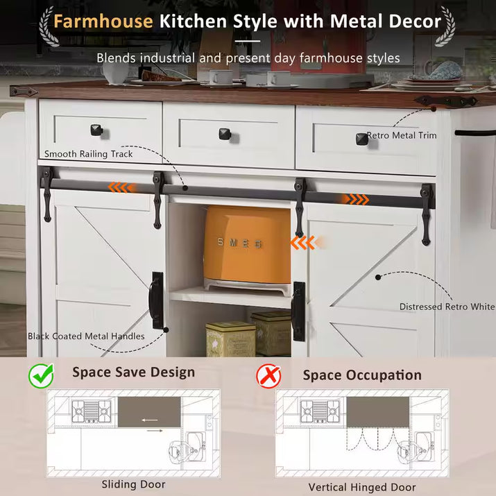 White Wood Kitchen Cart with Drop Leaf, Power Outlet, 2-Sliding Barn Doors, Towel Rack, Spice Rack, 3-Drawers