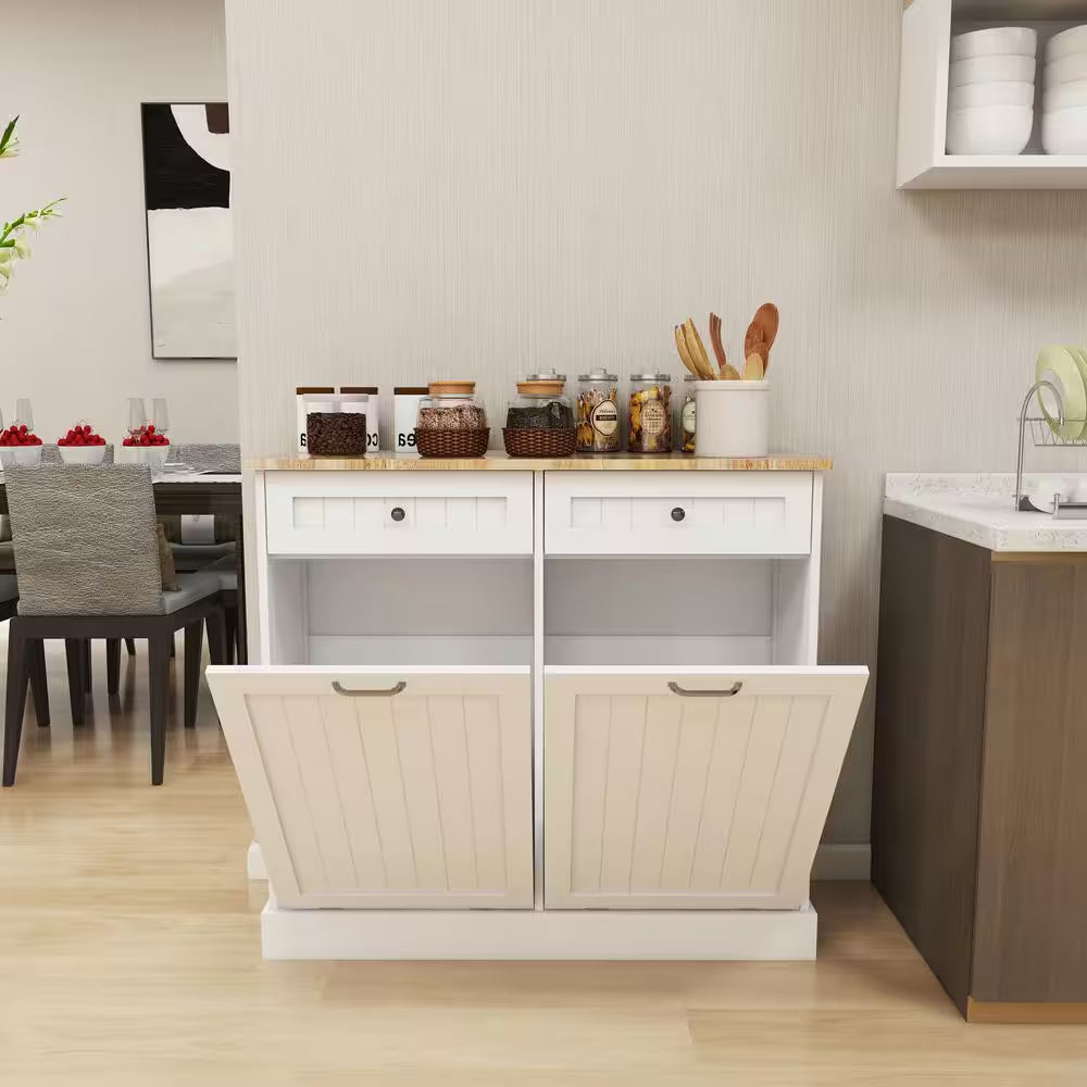 2-Drawers and 2-Compartment Tilt-Out Trash Cabinet Kitchen Trash Cabinet in White