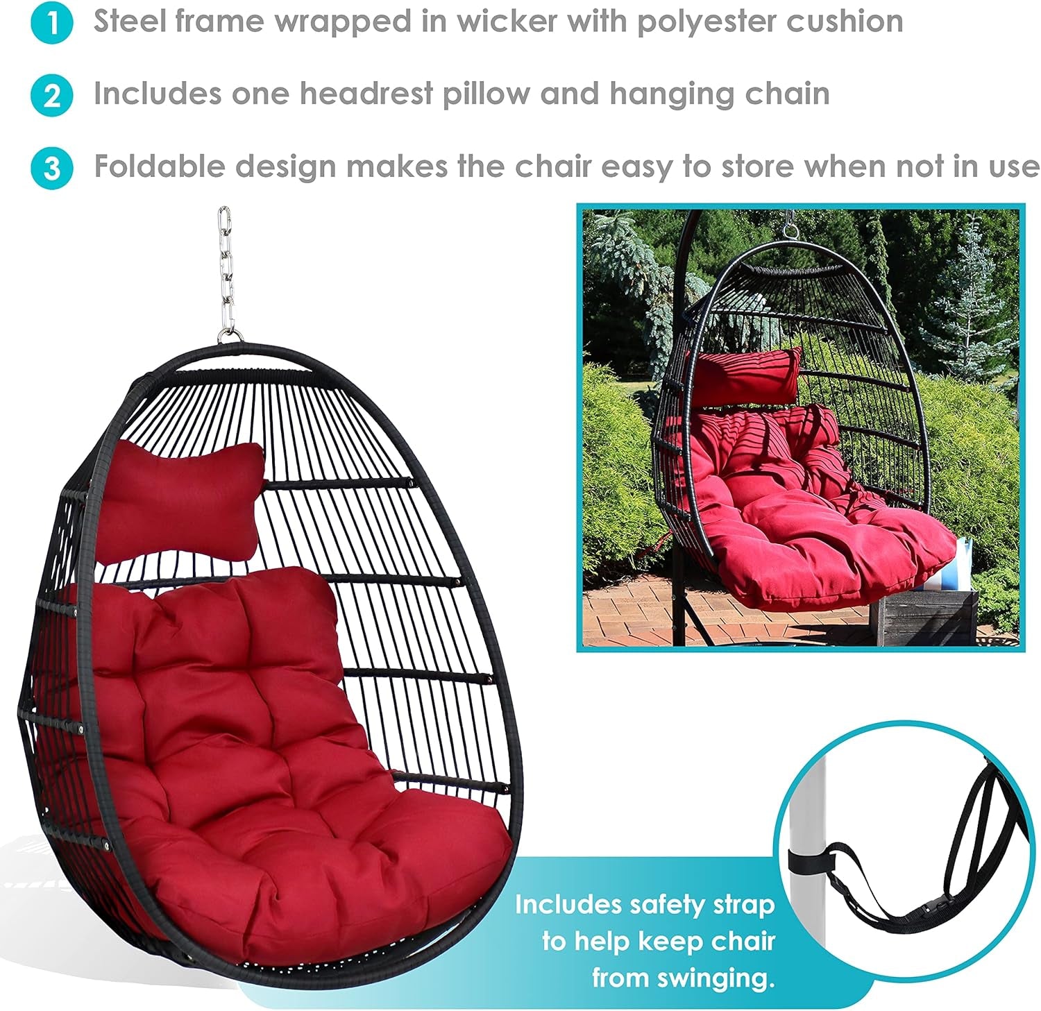 Julia Hanging Egg Chair - Black Polyethylene Wicker Frame with Red Polyester Cushions - 44 Inches Tall