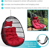 Julia Hanging Egg Chair - Black Polyethylene Wicker Frame with Red Polyester Cushions - 44 Inches Tall