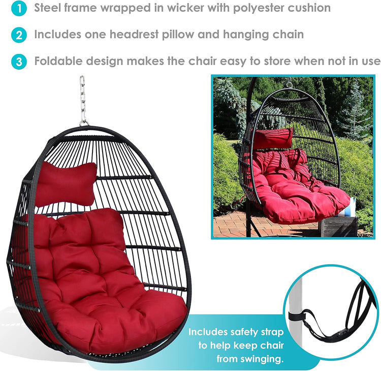 Julia Hanging Egg Chair - Black Polyethylene Wicker Frame with Red Polyester Cushions - 44 Inches Tall