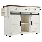 White Wood Kitchen Cart with Drop Leaf, Power Outlet, 2-Sliding Barn Doors, Towel Rack, Spice Rack, 3-Drawers