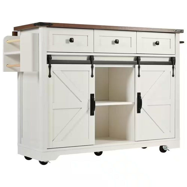White Wood Kitchen Cart with Drop Leaf, Power Outlet, 2-Sliding Barn Doors, Towel Rack, Spice Rack, 3-Drawers